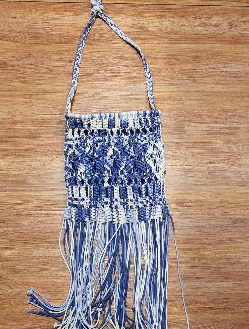 Blue and Cream Handwoven Macramé Crossbody Bag